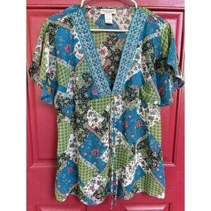 Meghan Noland Los Angeles Y2K Beaded Boho Patchwork Floral Peasant Blouse L
